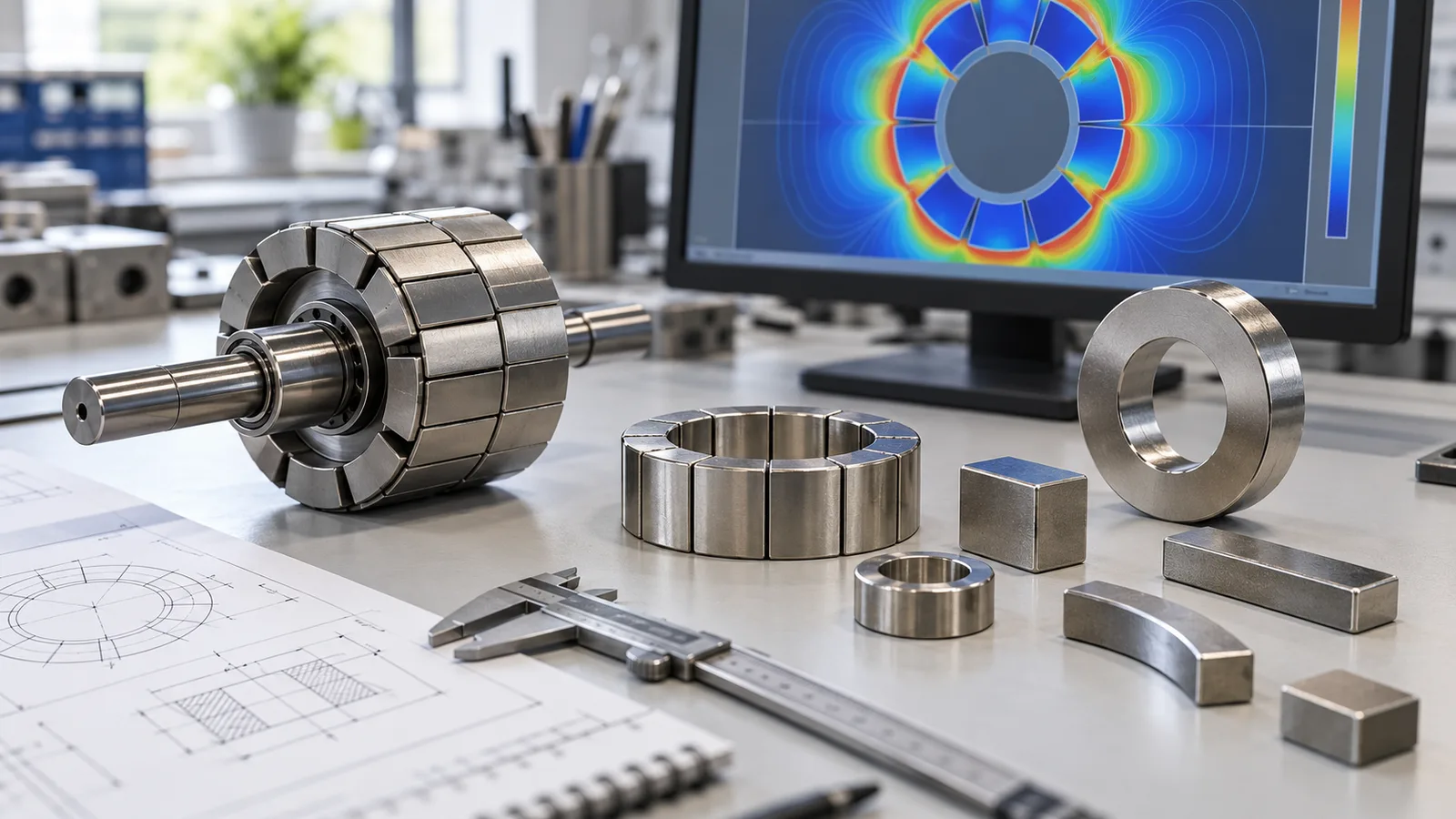 Illustrative magnetic engineering workbench with rotor components, magnet samples and a field-analysis display
