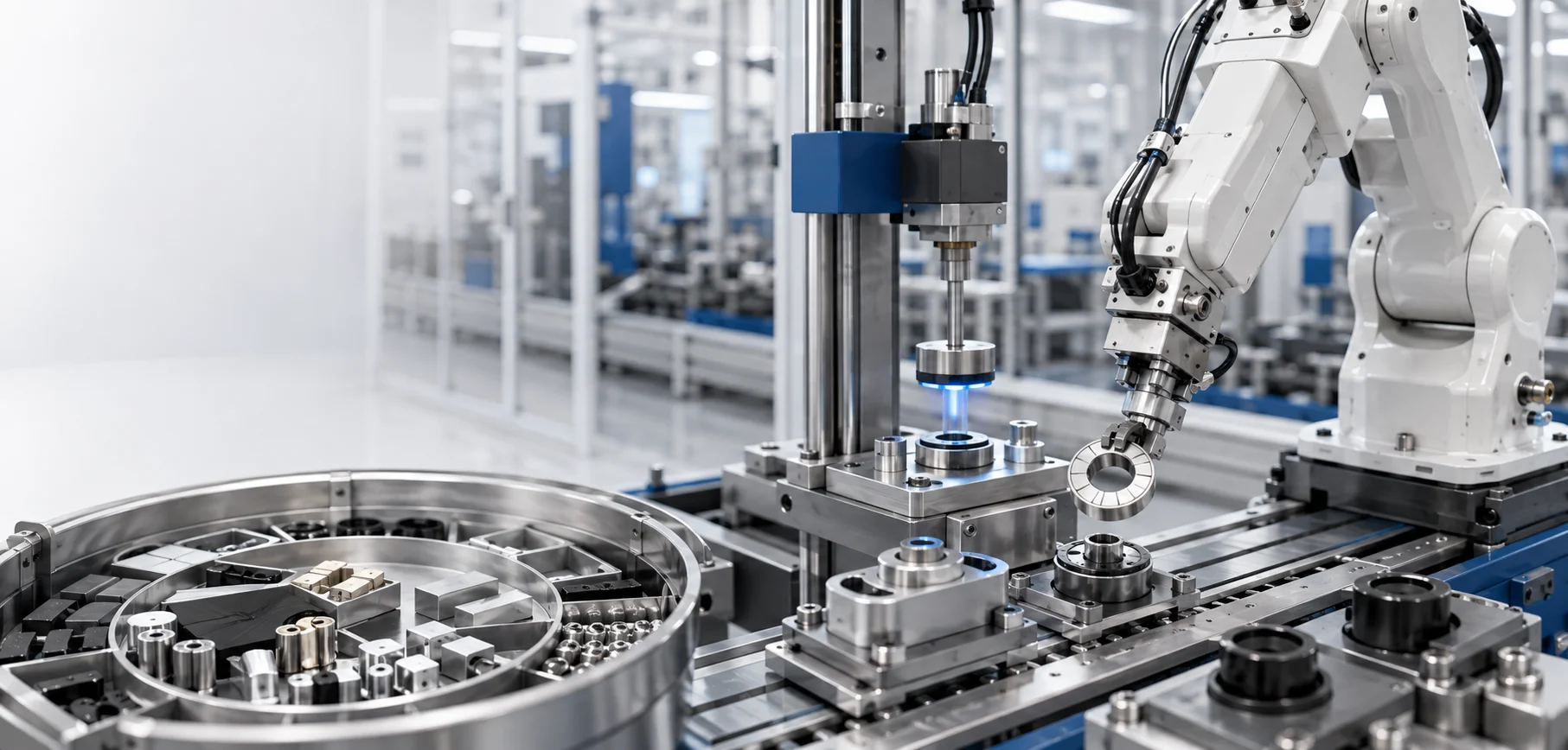 Automated manufacturing cell using precision magnetic systems and robotic handling.