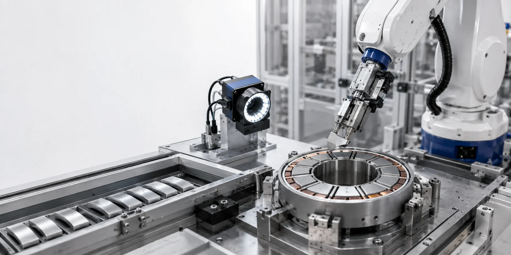 Electric vehicle motor manufacturing with precision magnetic components.