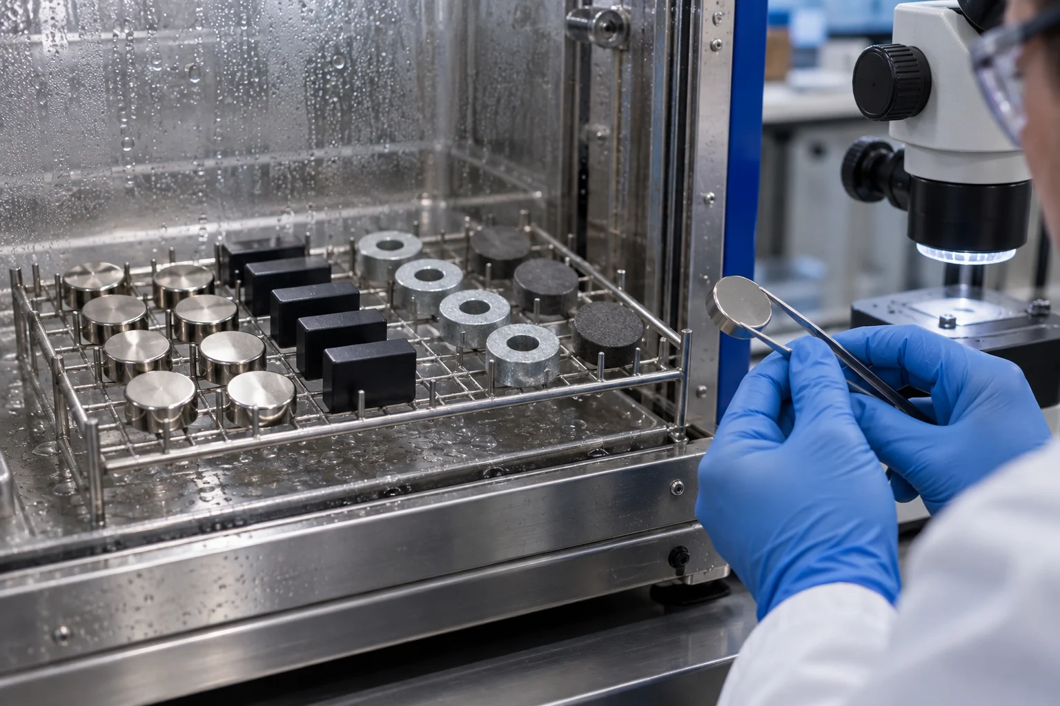 Nickel, epoxy and zinc coated permanent magnet samples inspected after corrosion testing.