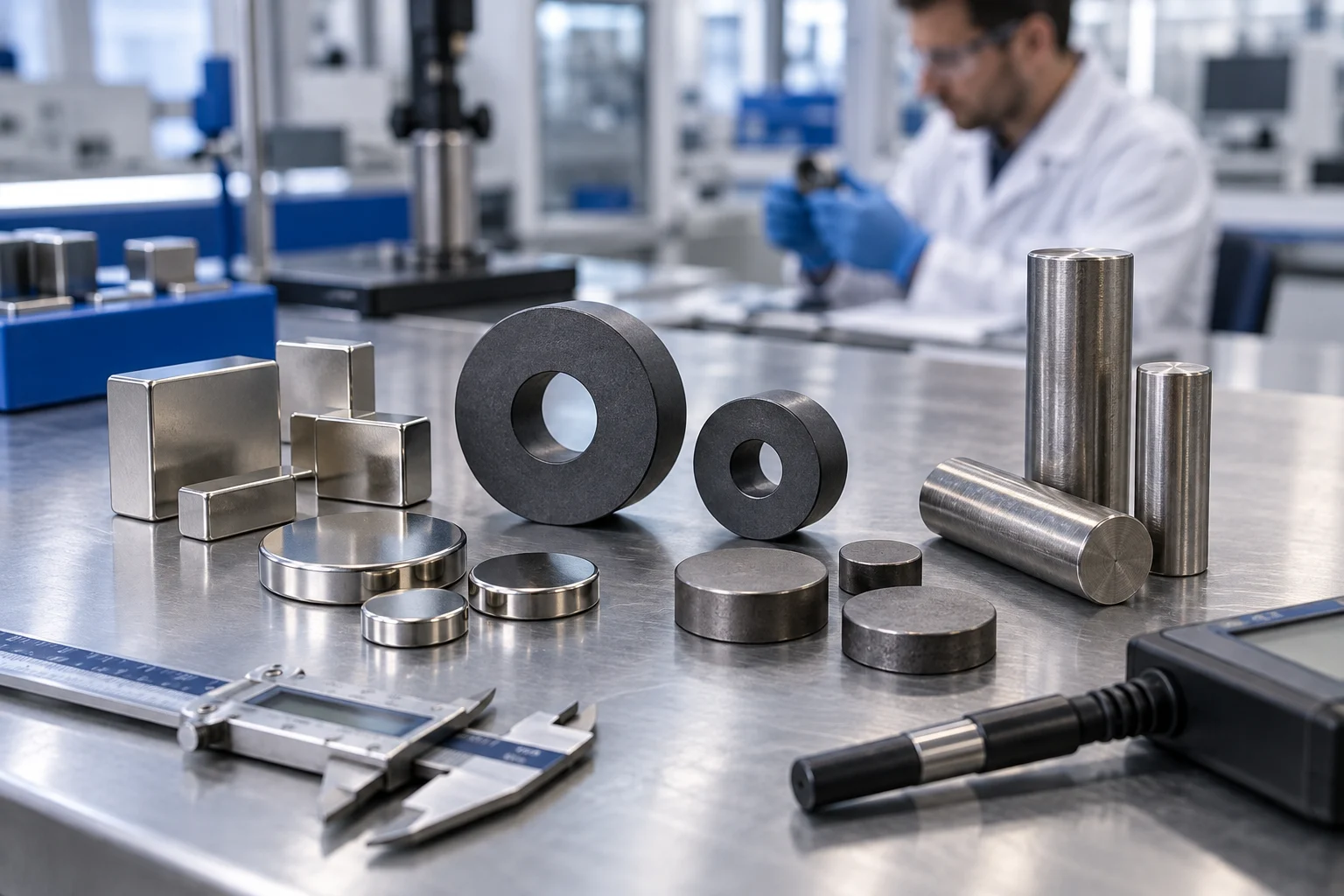 Permanent magnet material samples compared on a precision engineering laboratory bench.