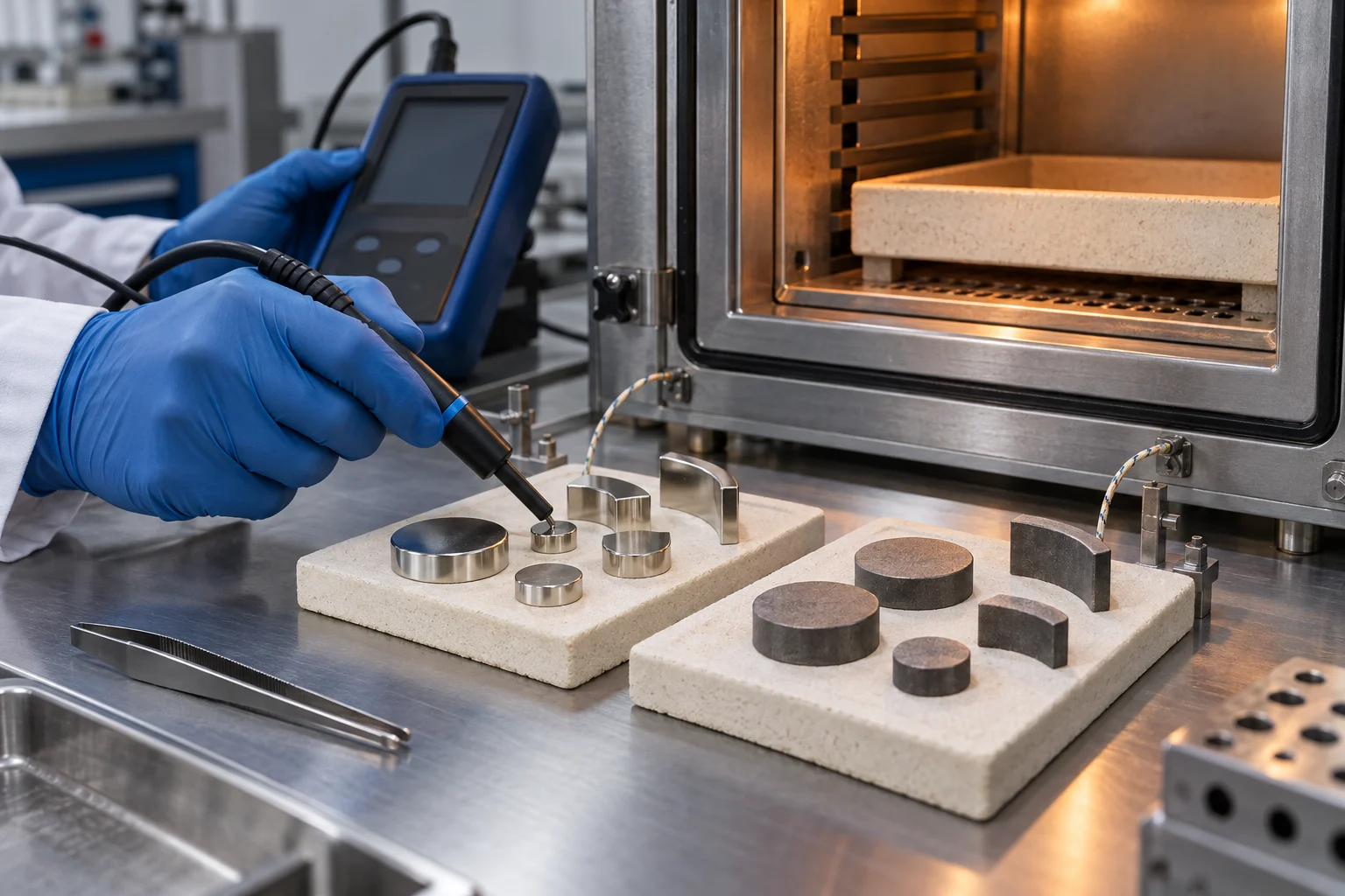 NdFeB and SmCo magnet samples undergoing controlled temperature and magnetic performance testing.