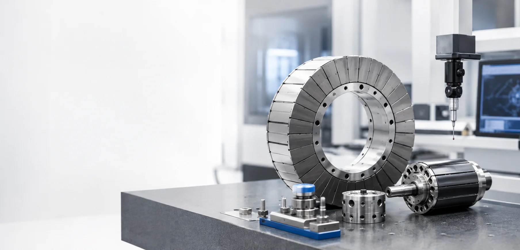 Integrated permanent magnet rotor assembly prepared for precision motor production.